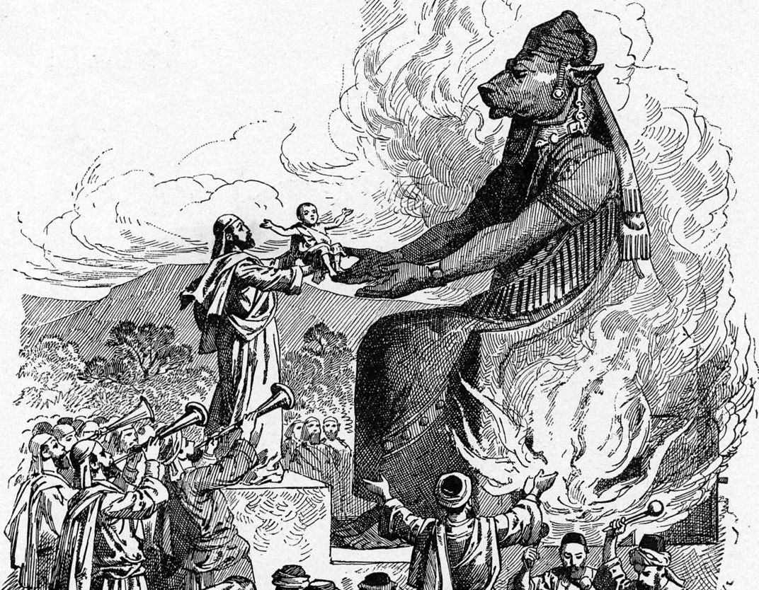 an engraving of people offering their children to the idol Moloch