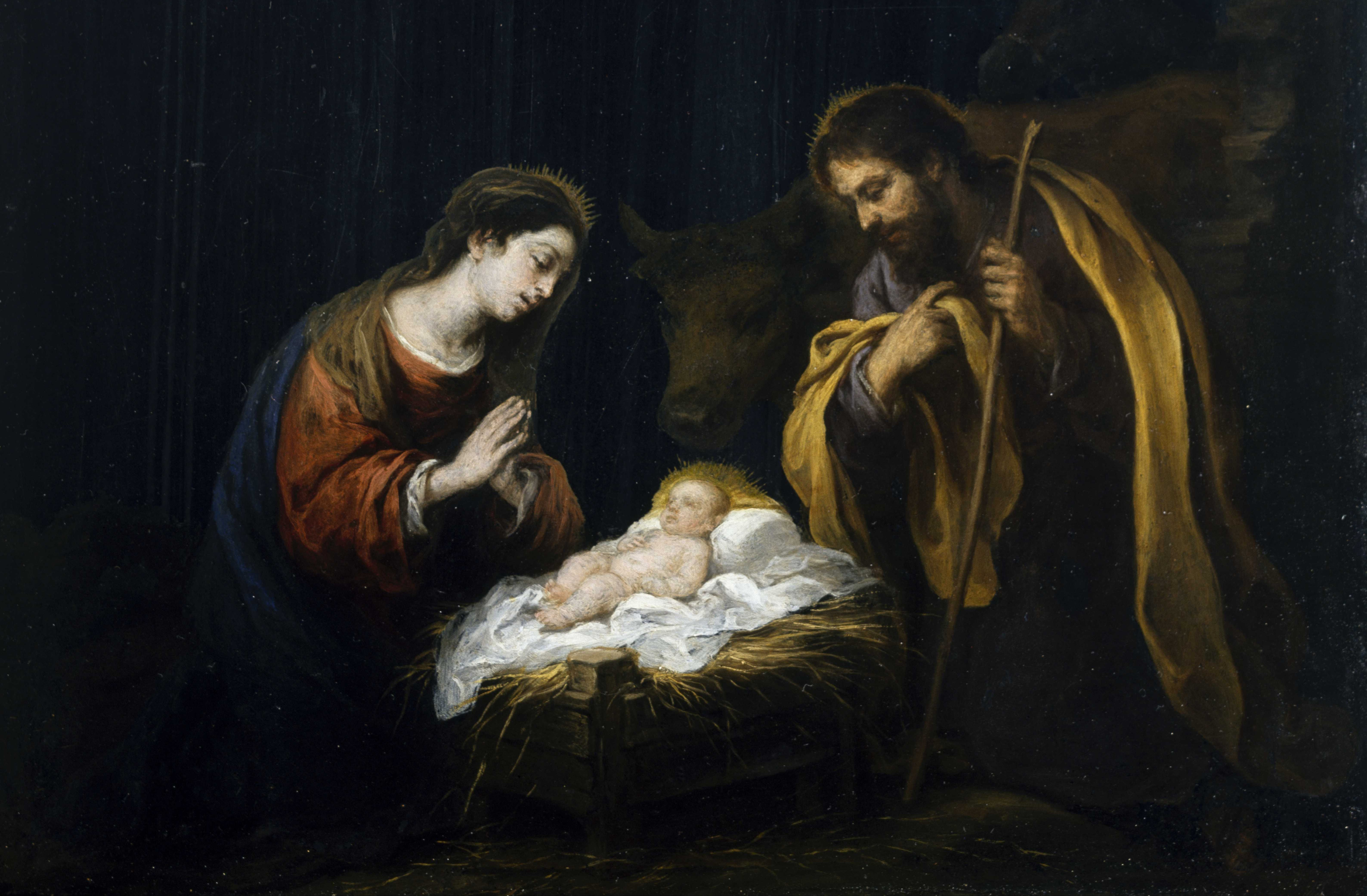 Bartolomé Esteban Murillo - The_Nativity: Painting depicting Mary, Joseph, and the newborn Jesus